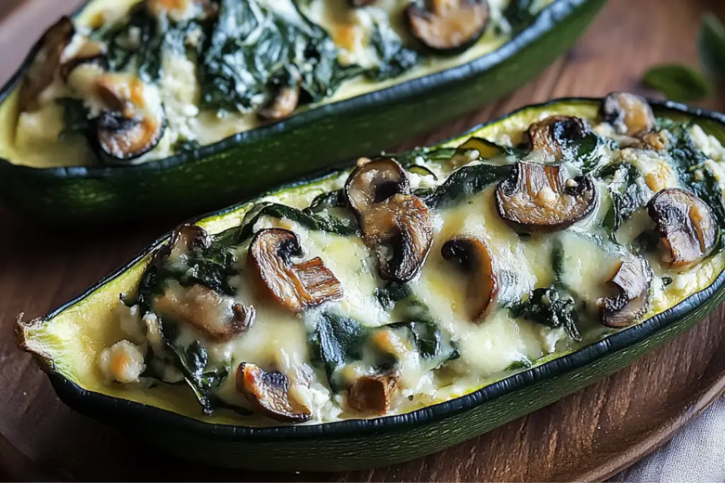 Spinach, Mushroom, and Ricotta Stuffed Zucchini Boats