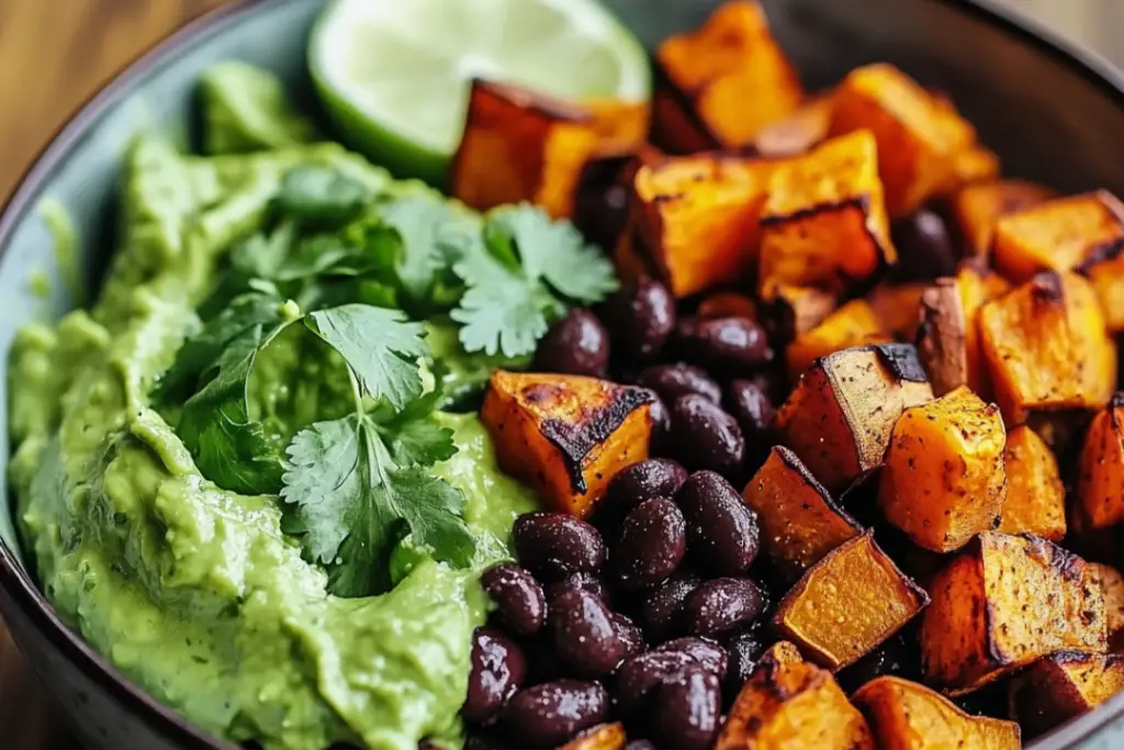 Sweet Potato and Black Bean Bowls with Avocado Lime Dressing