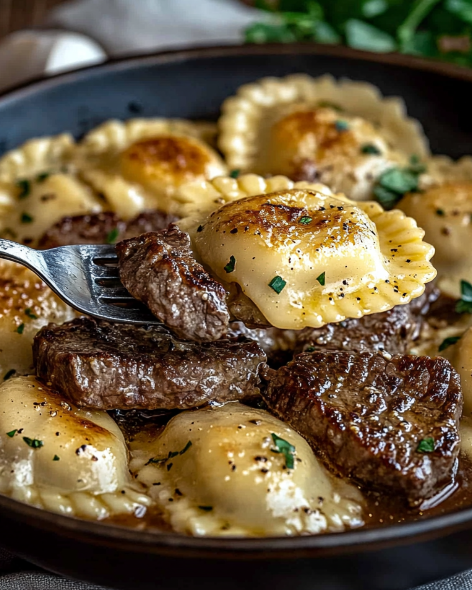 One-Skillet Garlic Butter Steak & Cheese Ravioli