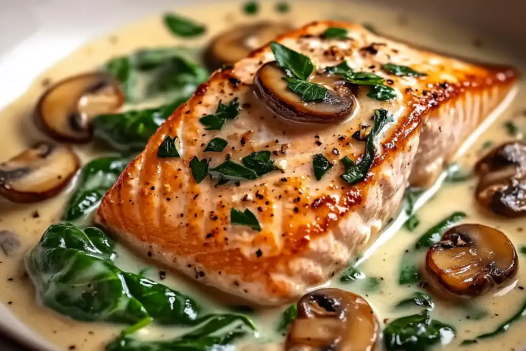 Garlic Butter Salmon with Spinach & Mushrooms in Creamy Sauce