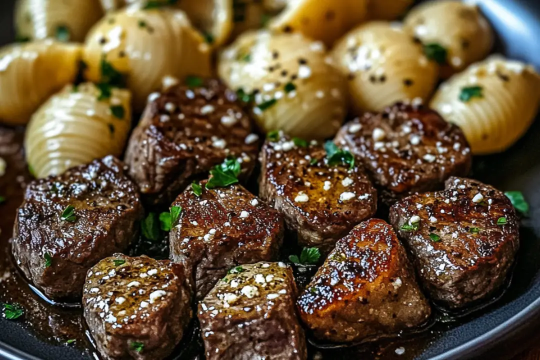 Garlic Butter Steak Bites & Creamy Parmesan Shells - grandmarecipes