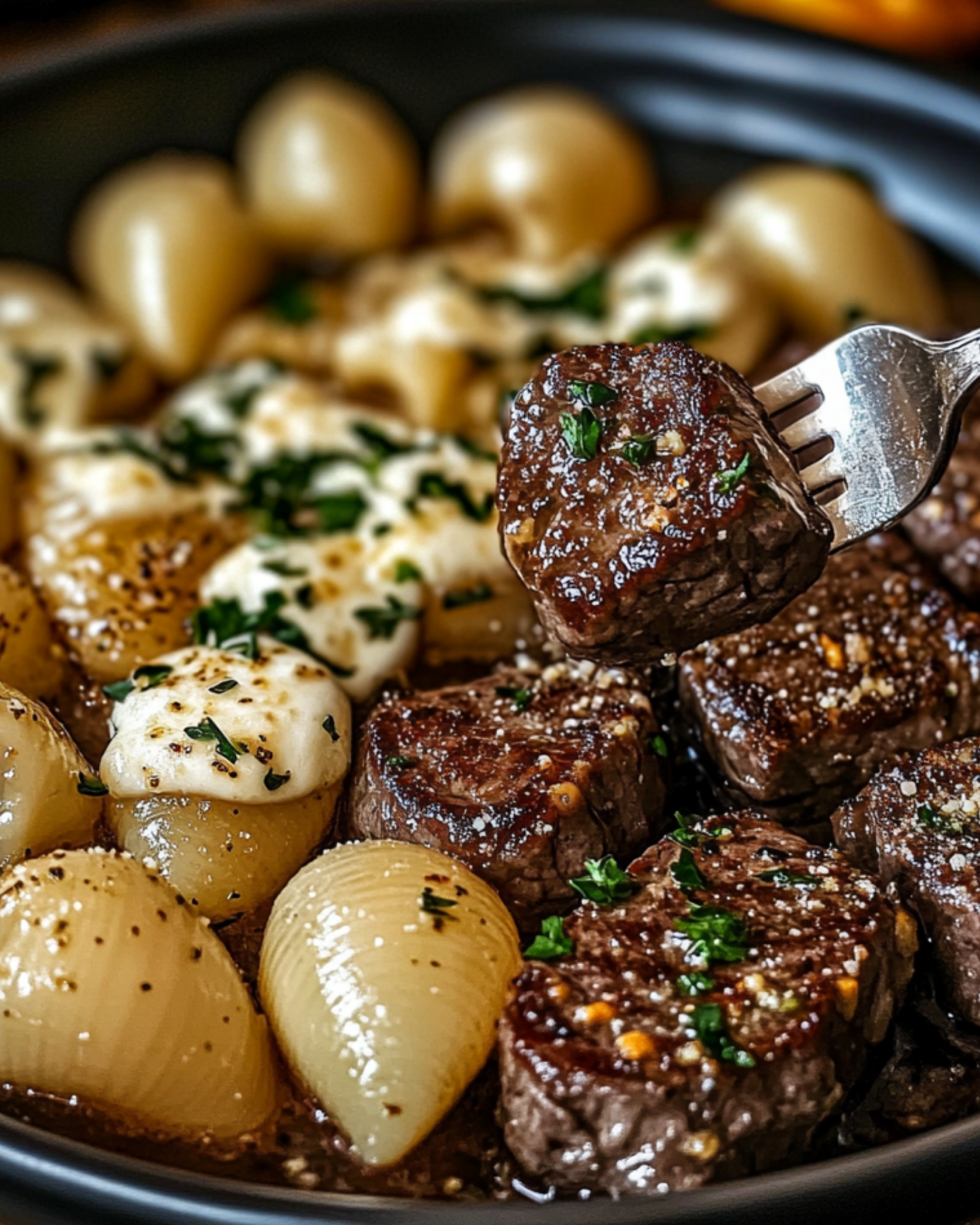 Garlic Butter Steak Bites & Creamy Parmesan Shells - grandmarecipes