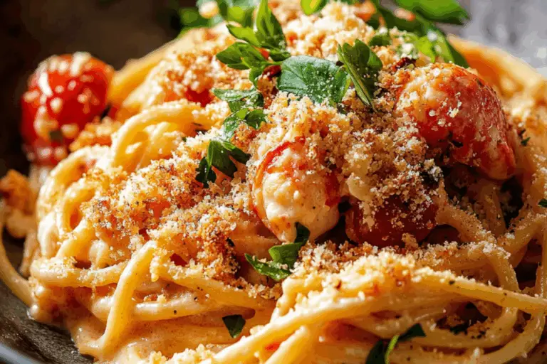 Creamy Tomato Lobster Linguine with Garlic Breadcrumbs