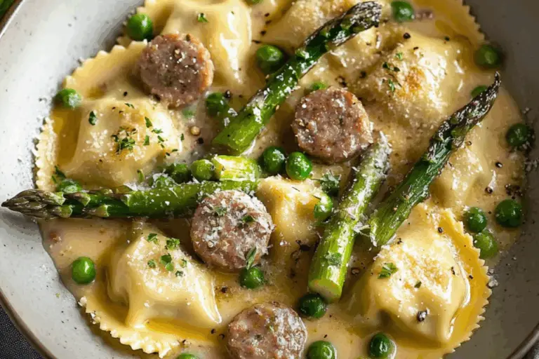 Creamy Asparagus Ravioli with Sausage and Peas
