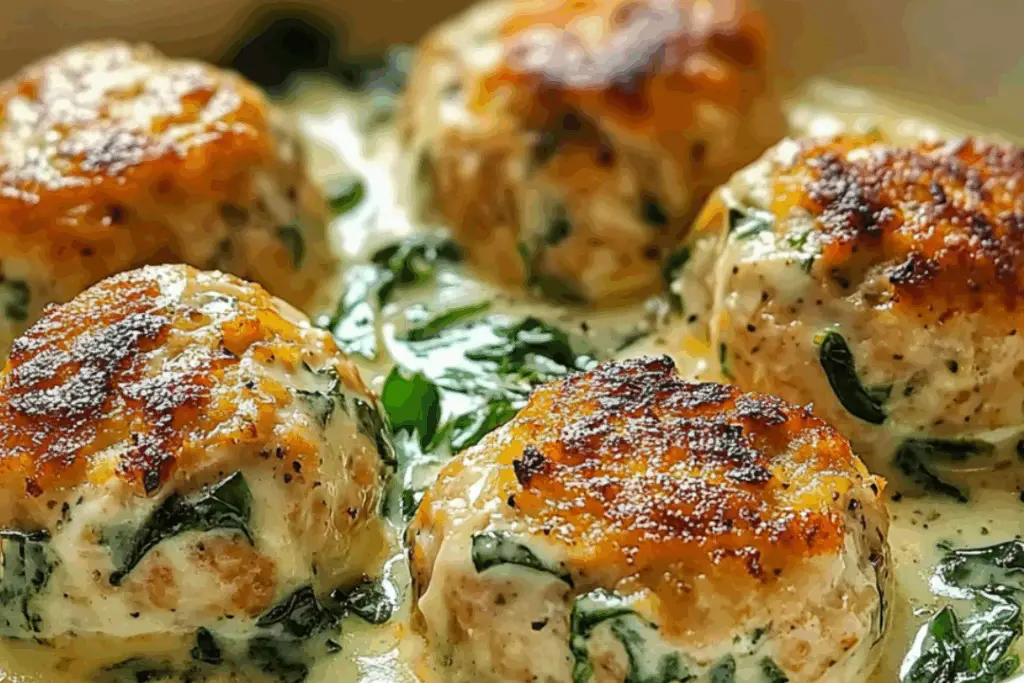 Baked Chicken Ricotta Meatballs with Spinach Alfredo