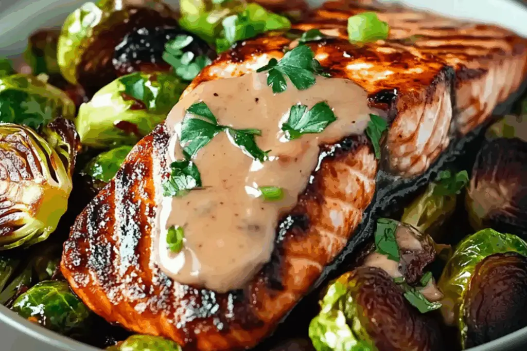 Glazed Harmony Teriyaki Salmon Bowls with Crispy Brussels Sprouts