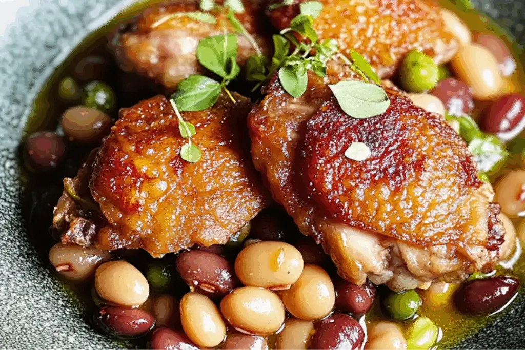 Crispy Chicken Thighs Over Vinegar Beans
