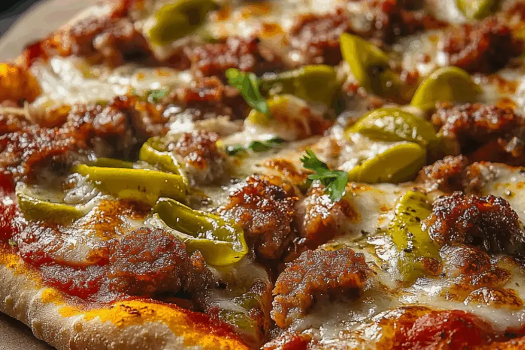 Spicy Sausage and Pepperoncini Thin Crust Pizza: A Flavor Explosion in Every Bite!