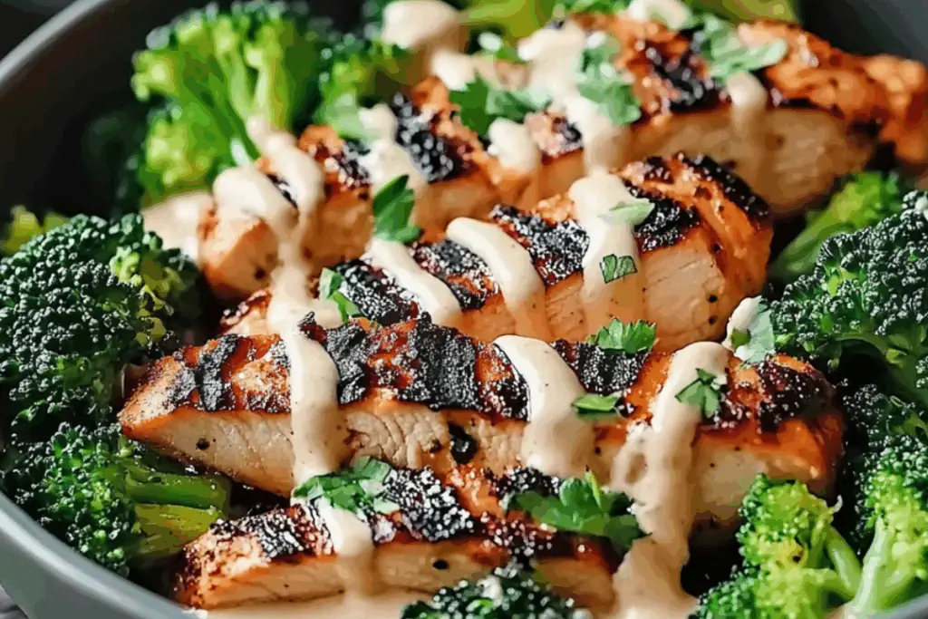 Grilled Chicken & Broccoli Bowls with Creamy Garlic Sauce