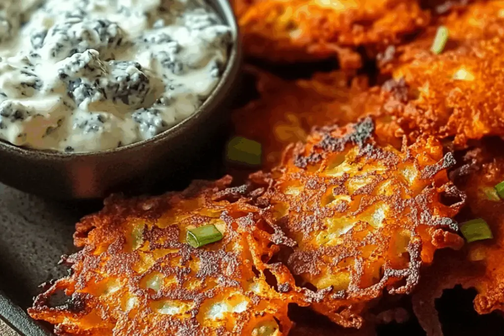 Buffalo Latkes with Blue Cheese Dip