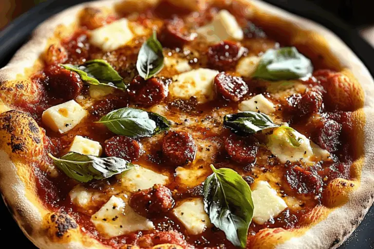 Goat Cheese and Soppressata Pizza with Calabrian Chile Hot Honey and Basil