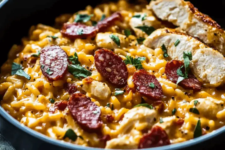 One Pot Chicken Risoni with Crispy Salami