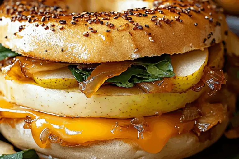 Pear Apple Cheddar Caramelized Onion Grilled Cheese Bagel Sandwich