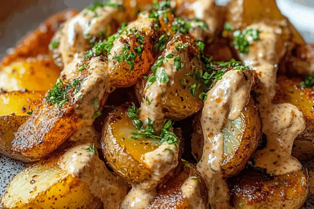 Pecorino Garlic Potatoes over Harissa Mayo