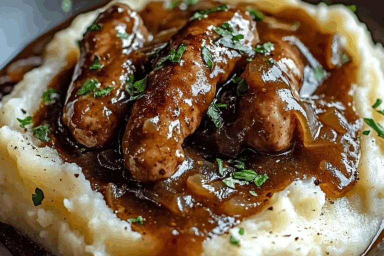 Bangers and Mash with Stout Onion Gravy