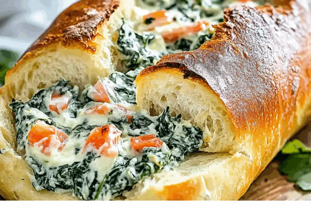 Cheesy Spinach Dip Baguette Boats
