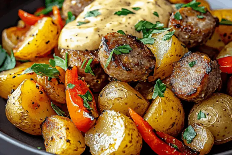 Smoky Sausage & Roasted Veggie Skillet with Creamy Mustard Aioli