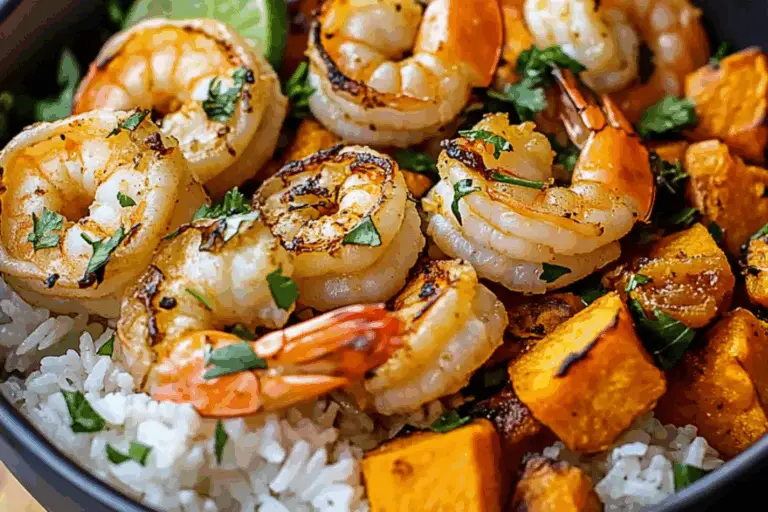 Coconut Garlic Shrimp & Sweet Potato Rice Bowl
