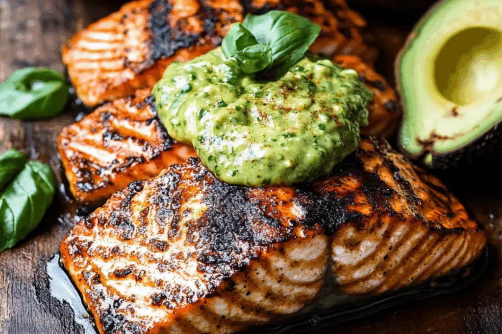 Honey Mustard Grilled Salmon with Avocado Basil Sauce