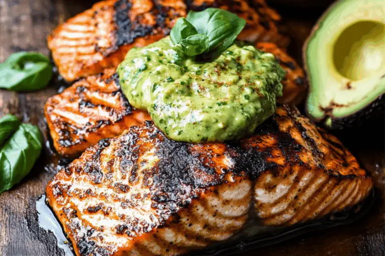 Honey Mustard Grilled Salmon with Avocado Basil Sauce