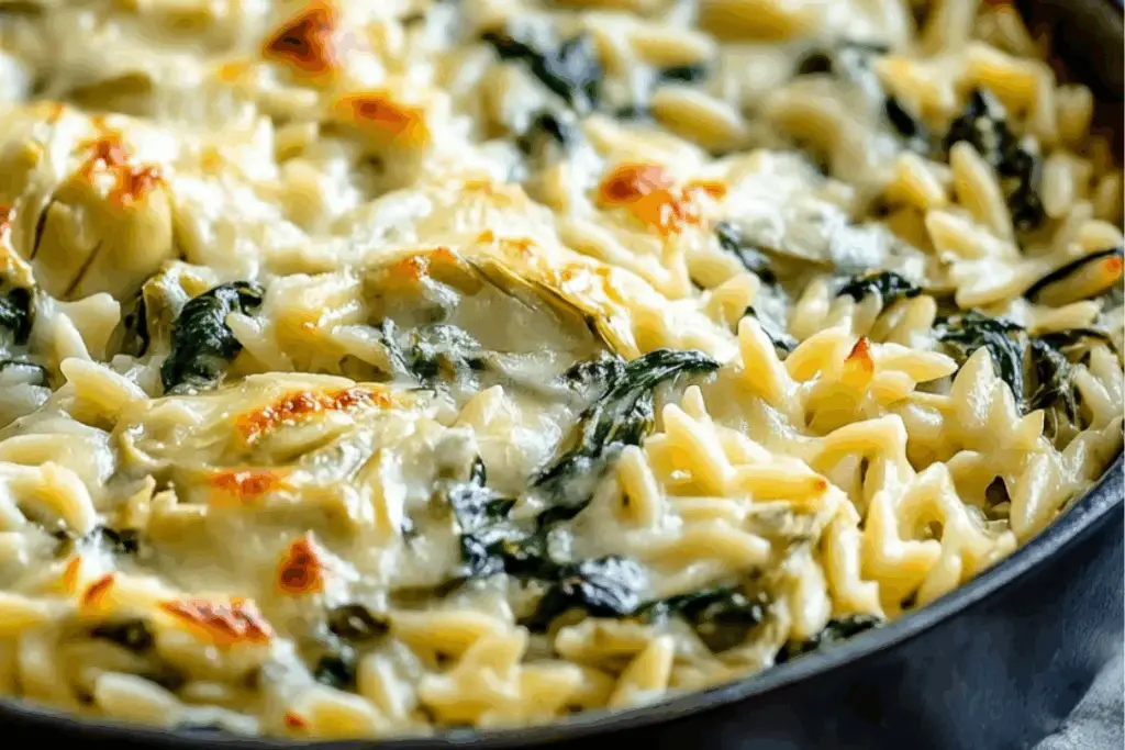 One Pan Creamy Spinach and Artichoke Orzo Bake