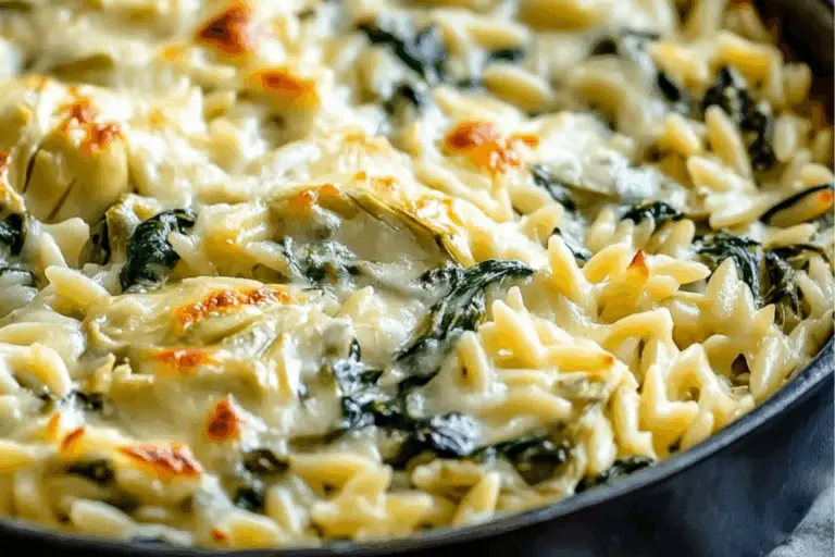 One Pan Creamy Spinach and Artichoke Orzo Bake