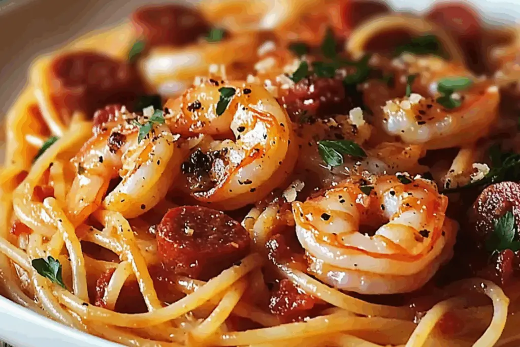 Spaghetti with Pepper Cream, Chorizo & Shrimp: A Flavorful Feast You’ll Crave
