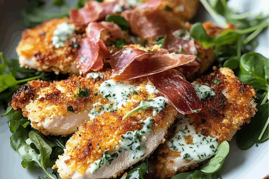 Panko-Parmesan Chicken Cutlets with Homemade Ranch and Crispy Prosciutto