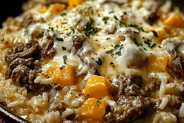Garlic Butter Beef and Rice Skillet with Cheddar Parmesan Sauce