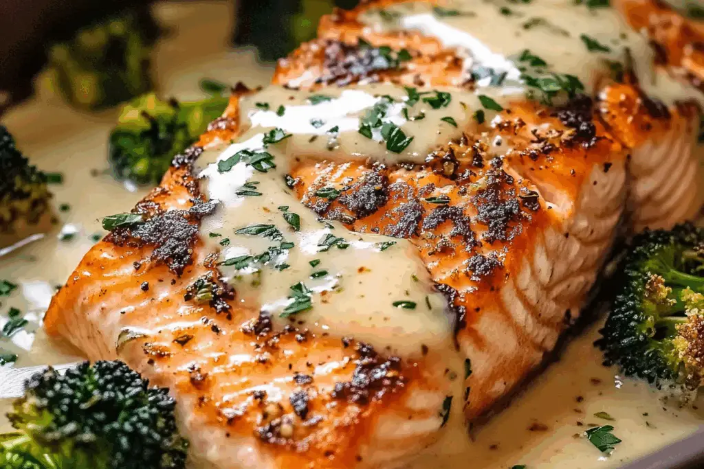 Baked Salmon with Creamy Garlic Sauce