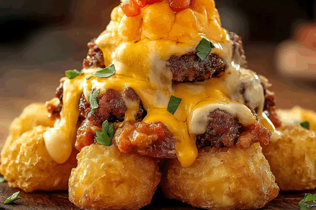 Cheeseburger Stuffed Tater Tot Cones with Colossal Cheese Volcano