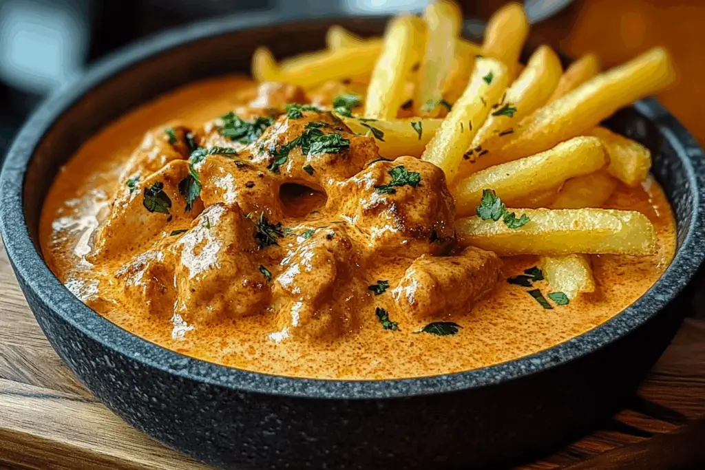 Creamy Butter Chicken in Garlic-Infused Sauce with Golden Crispy Fries