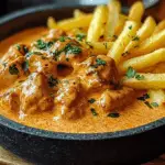 Creamy Butter Chicken in Garlic-Infused Sauce with Golden Crispy Fries