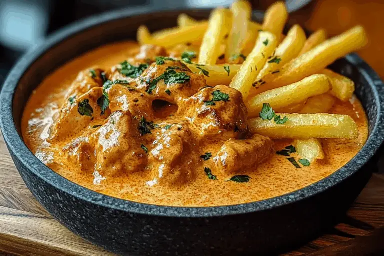 Creamy Butter Chicken in Garlic-Infused Sauce with Golden Crispy Fries