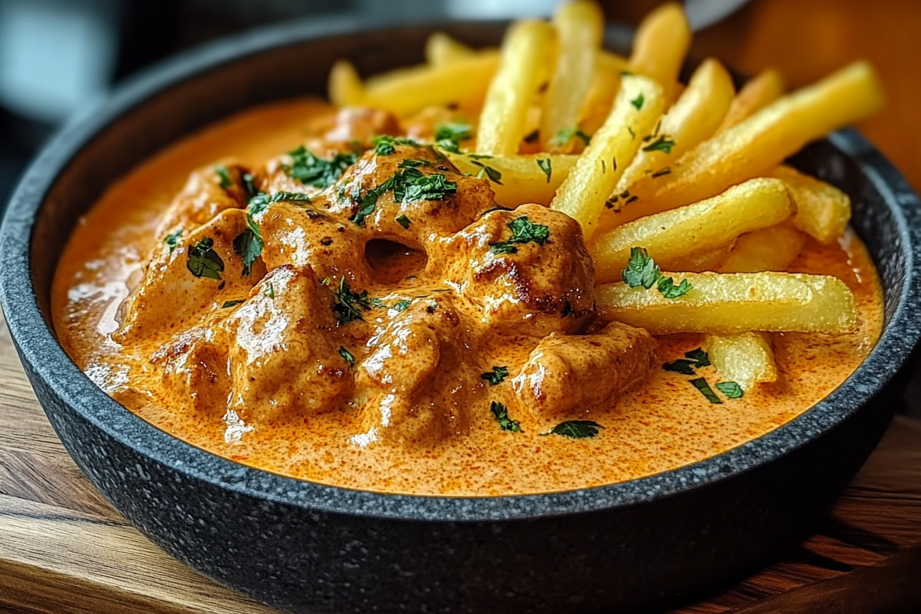Creamy Butter Chicken in Garlic-Infused Sauce with Golden Crispy Fries
