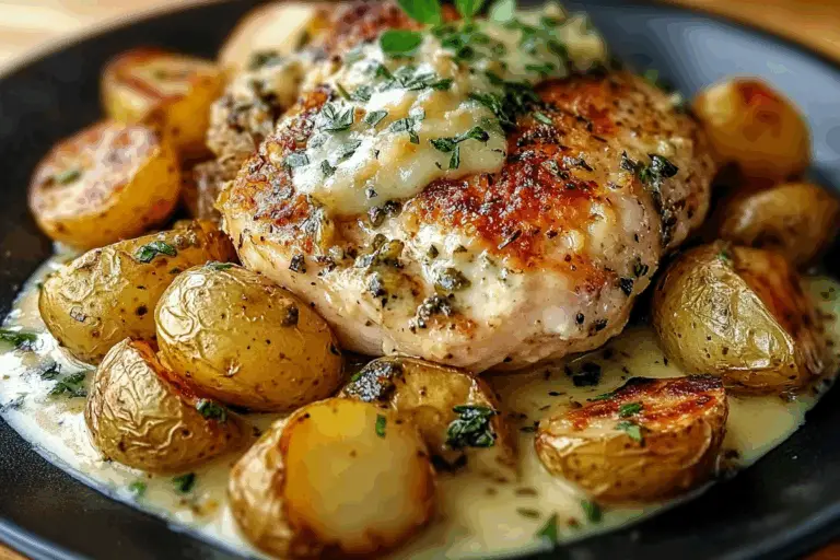 Creamy Garlic Chicken with Roasted Baby Potatoes