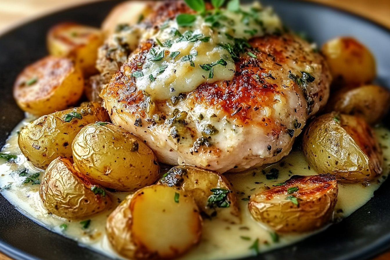 Creamy Garlic Chicken with Roasted Baby Potatoes