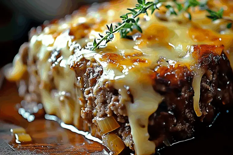 Crockpot French Onion Meatloaf with Melted Swiss Cheese
