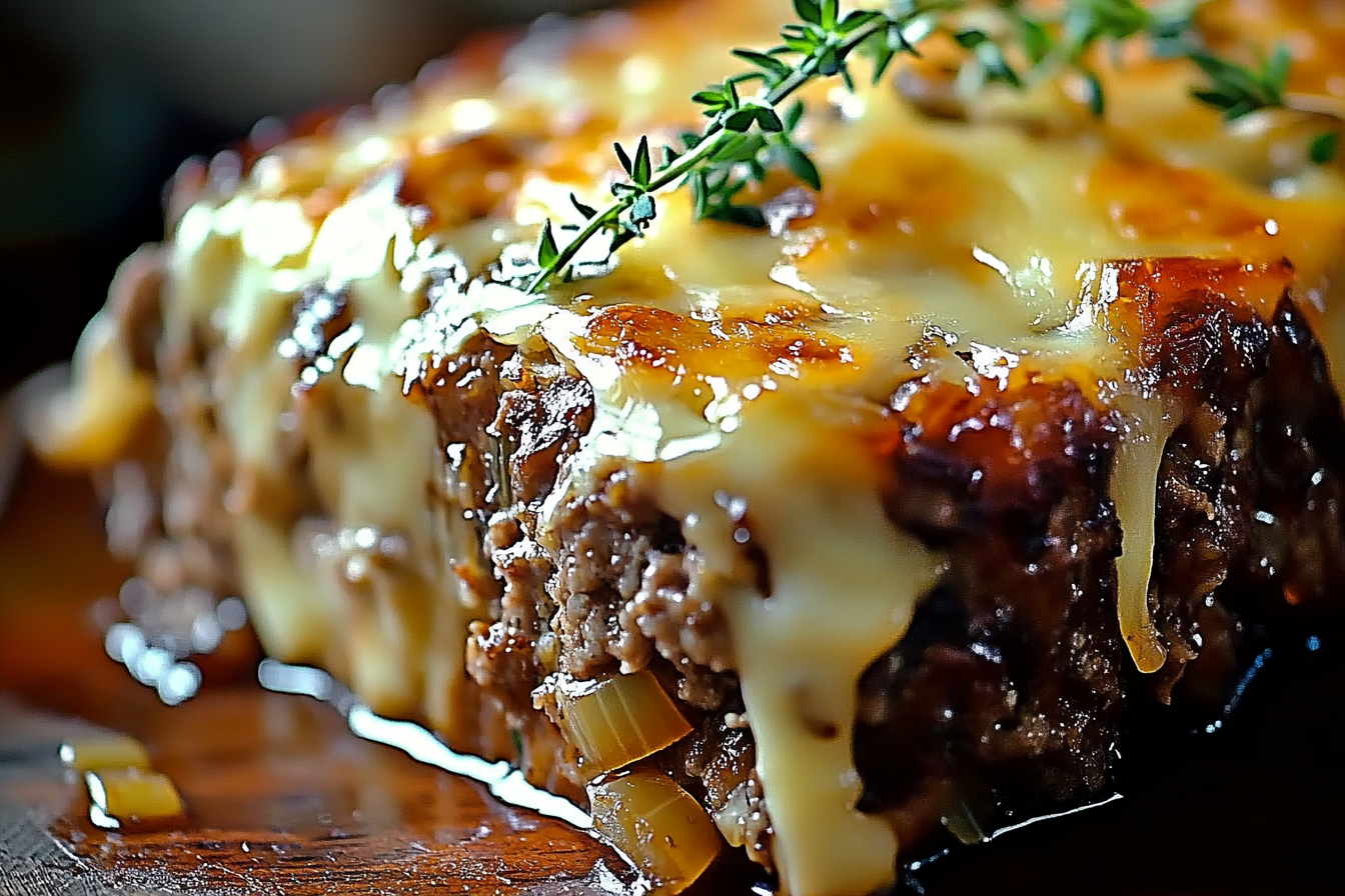 Crockpot French Onion Meatloaf with Melted Swiss Cheese