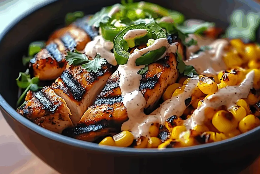 Grilled Chicken Bowl with Corn, Jalapeños & Creamy Sauce