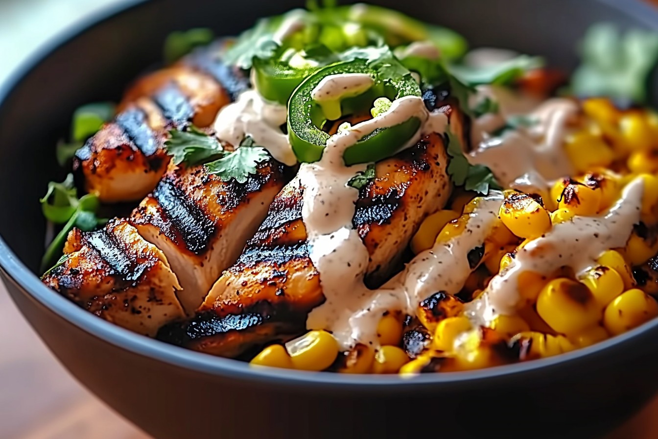 Grilled Chicken Bowl with Corn, Jalapeños & Creamy Sauce