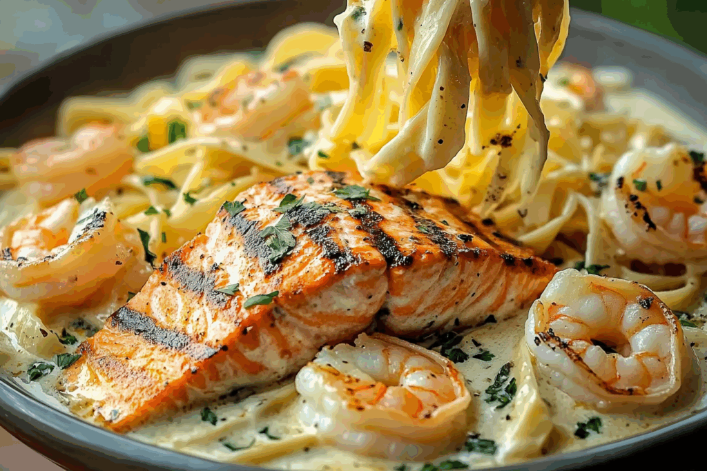 Grilled Salmon & Shrimp Fettuccine Alfredo