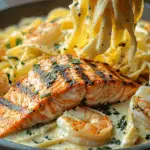 Grilled Salmon & Shrimp Fettuccine Alfredo