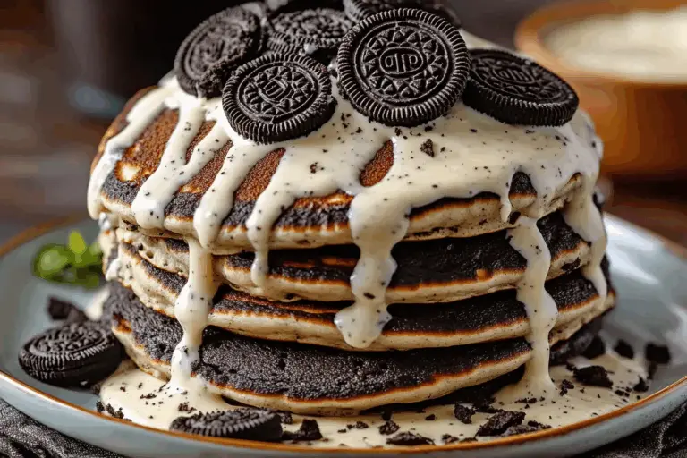 Oreo Pancakes with Cream Cheese Drizzle