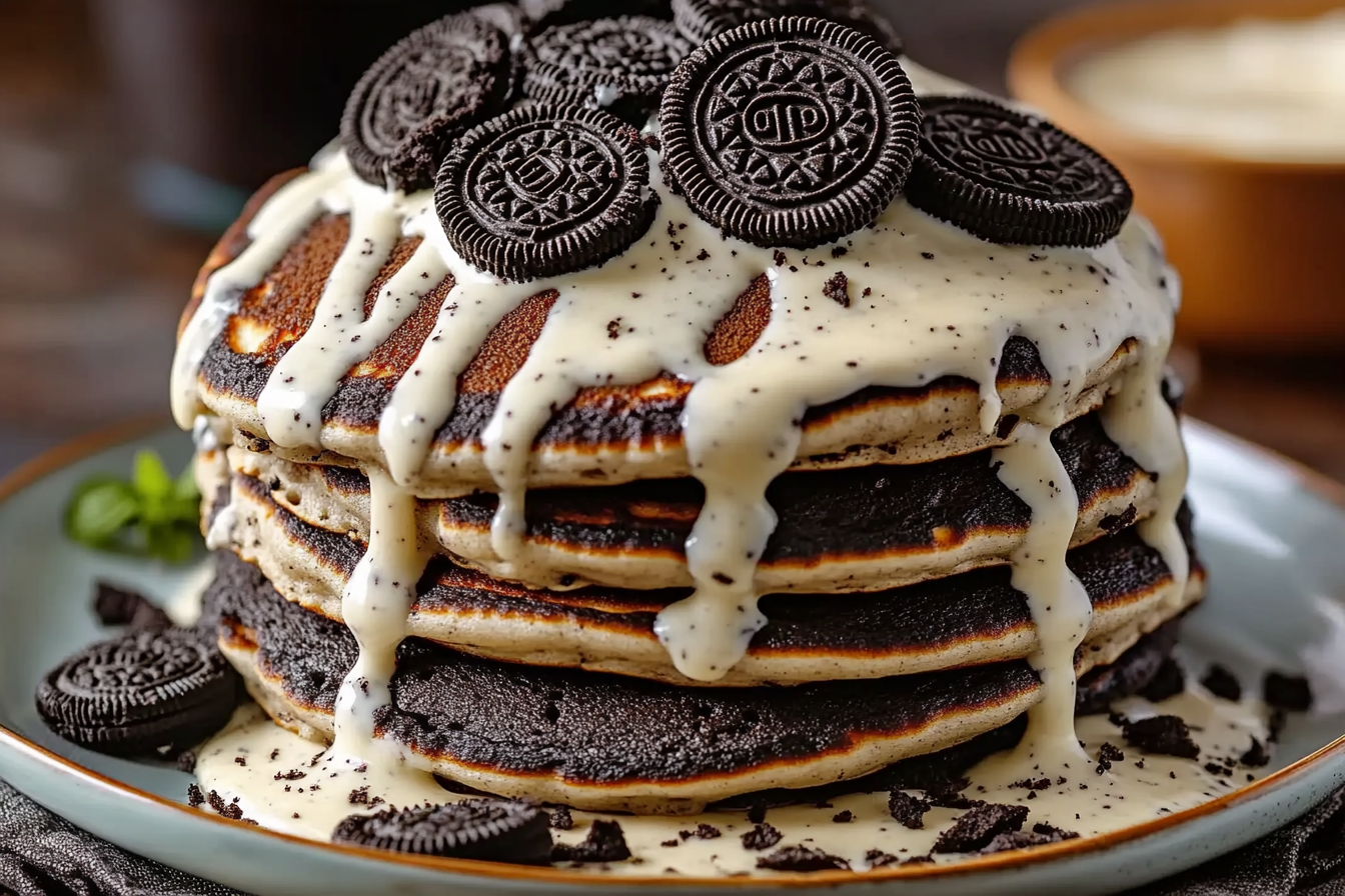 Oreo Pancakes with Cream Cheese Drizzle