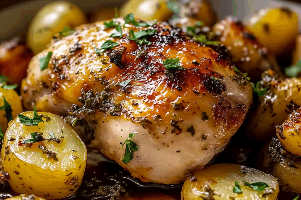 Savoury Herb Roasted Chicken and Crispy Potato Medley Juicy