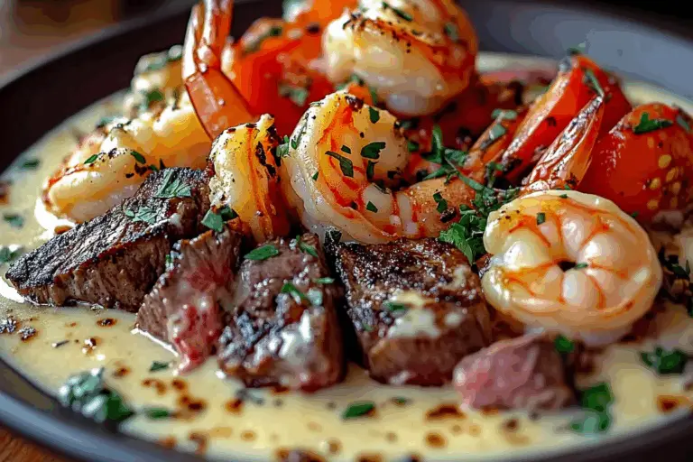 Spicy Shrimp & Steak in Creamy Alfredo Sauce