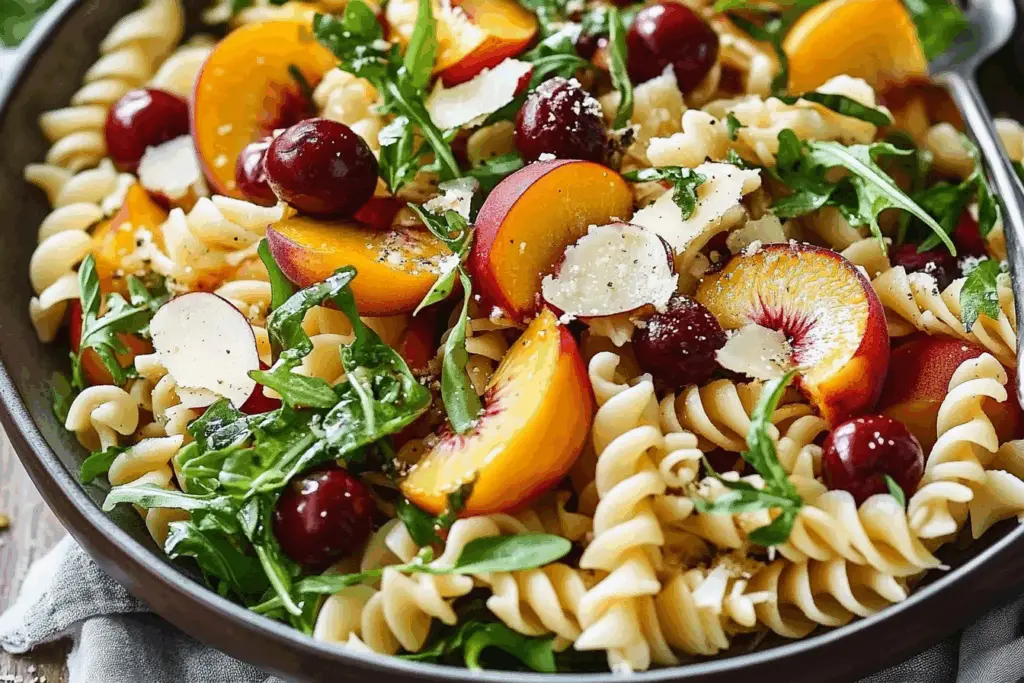 SUMMER PASTA SALAD with Peaches, Cherries, Arugula, Feta, and Honey-Lemon Salad Dressing
