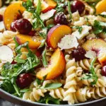 SUMMER PASTA SALAD with Peaches, Cherries, Arugula, Feta, and Honey-Lemon Salad Dressing