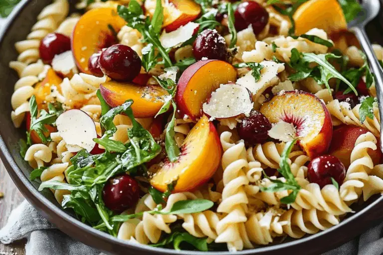 SUMMER PASTA SALAD with Peaches, Cherries, Arugula, Feta, and Honey-Lemon Salad Dressing